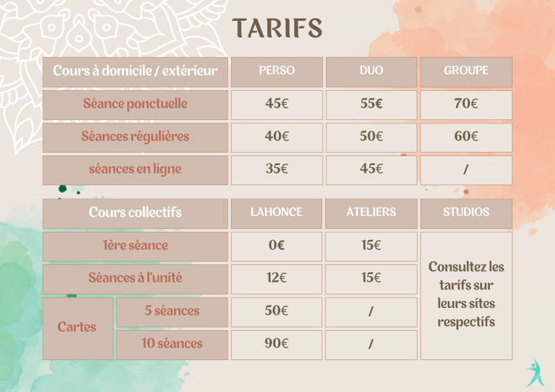 tarifs cours de yoga pilates à bayonne 