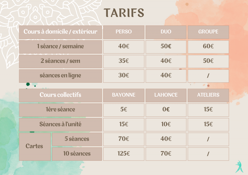 tarifs prix cours yoga bayonne